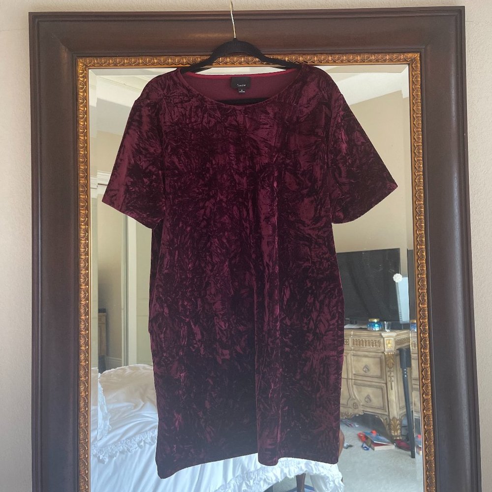 Lumiere Dress Crushed Velvet Short Sleeve Wine Burgundy - M
